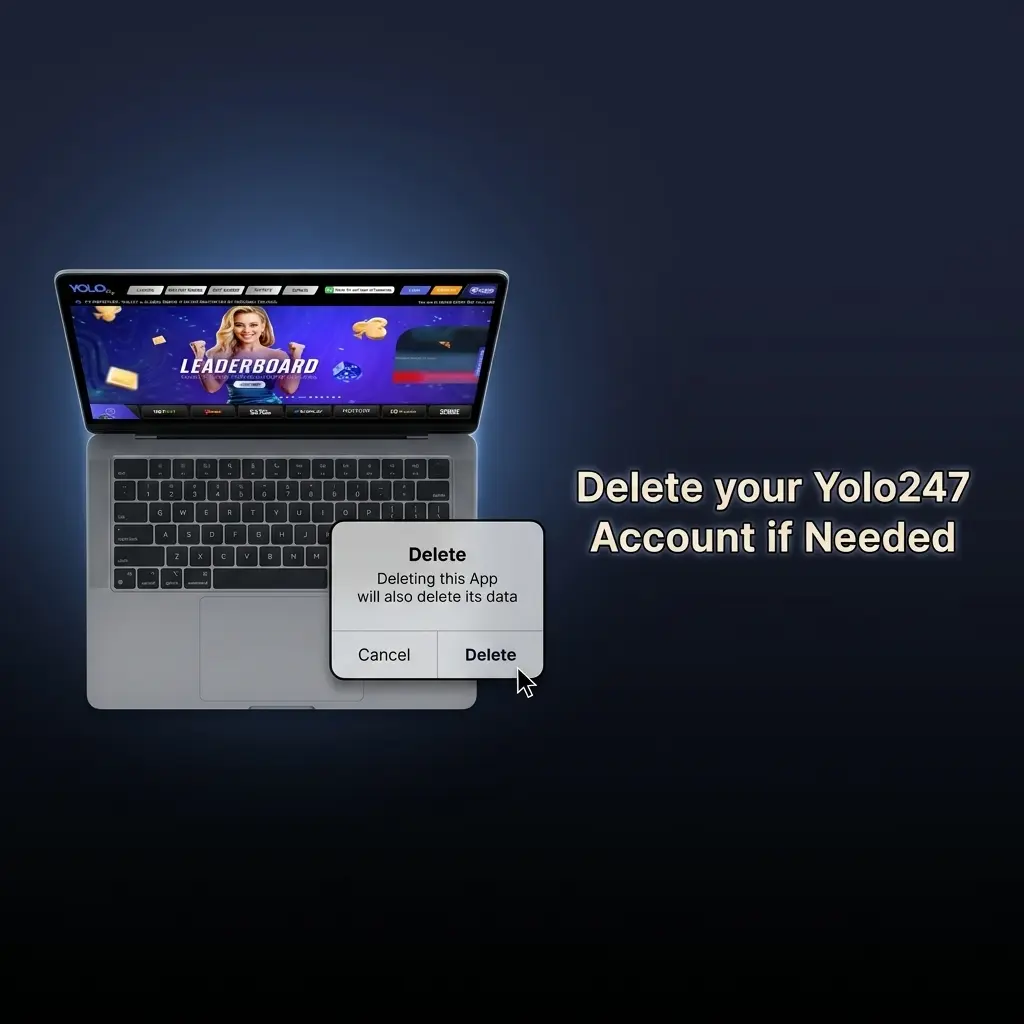 Yolo247 account deletion steps showing login, support chat contact, and permanent closure confirmation process