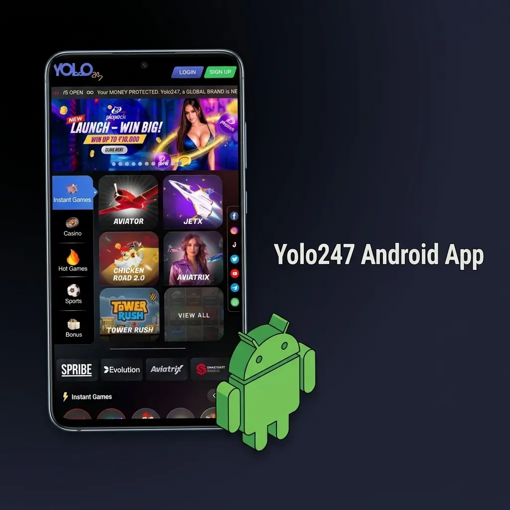 Yolo247 Android app interface showing sports betting and casino games available for free download on compatible devices