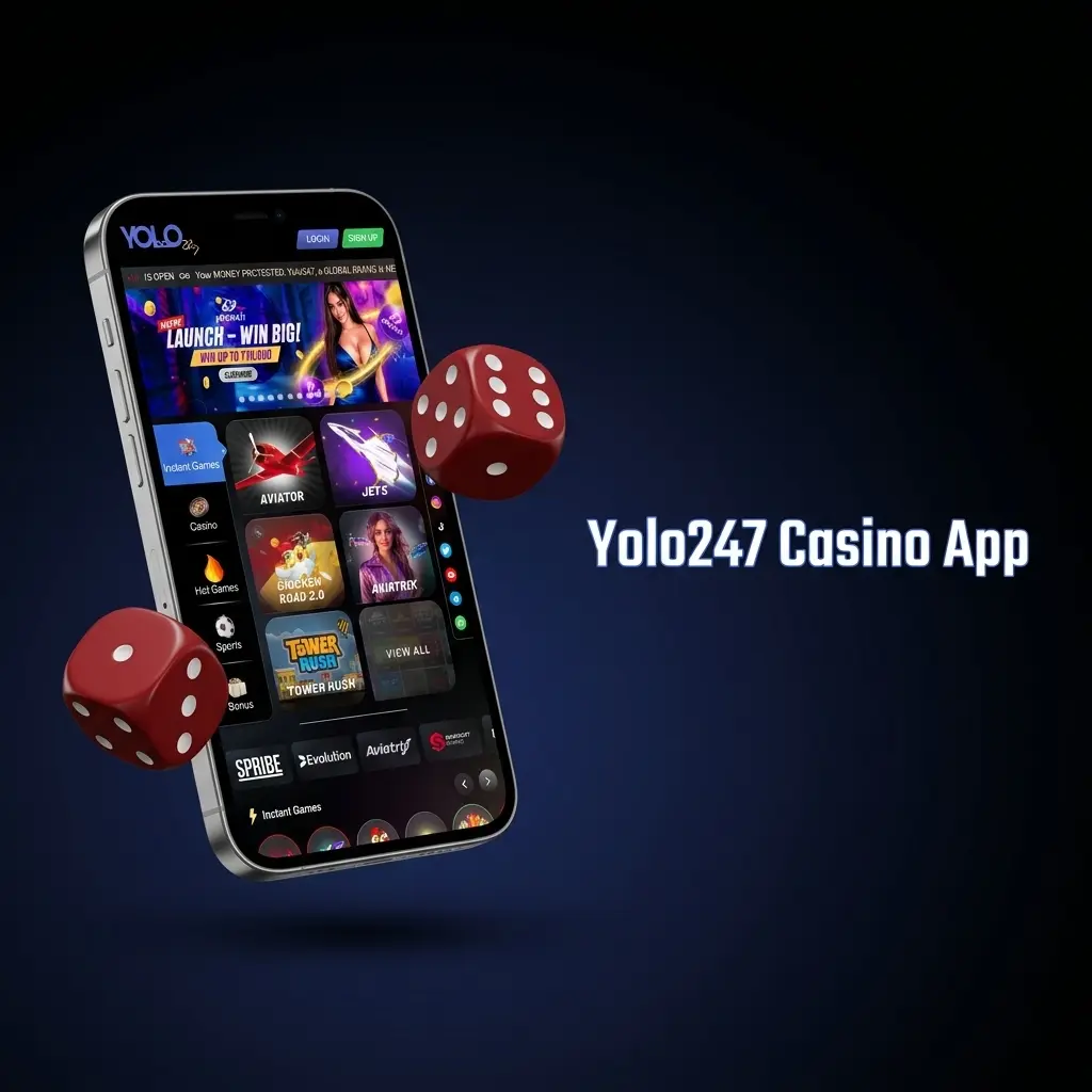 Yolo247 casino app showing live dealer games, slots, and sports betting on mobile with INR tables available