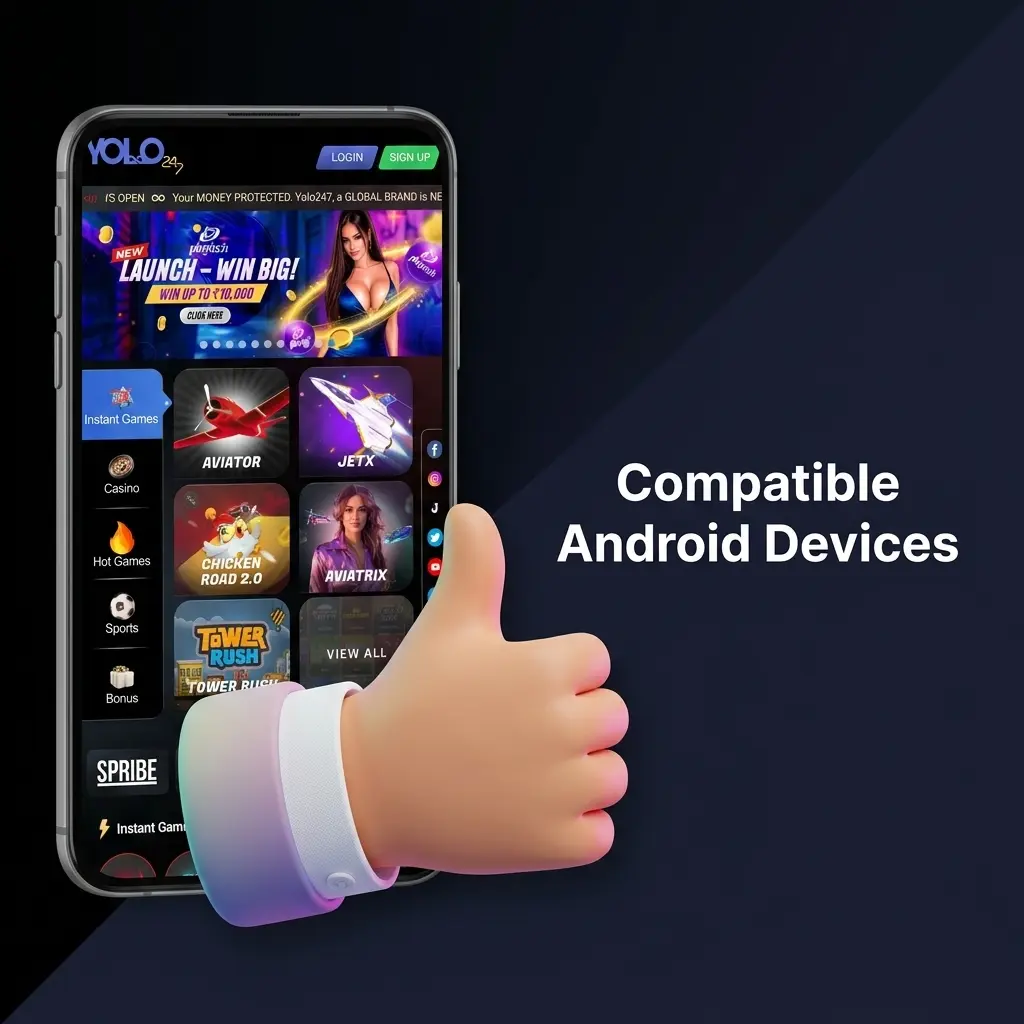 Compatible Android devices for Yolo247 app including Samsung, Redmi, Realme, Oppo, OnePlus, Vivo, Poco, Motorola models